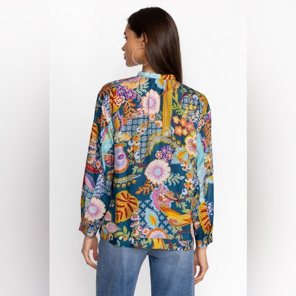 Johnny Was WILD KALANI BLOUSE Blue Floral Silk Button Down Long Sleeve Top - Picture 3 of 7